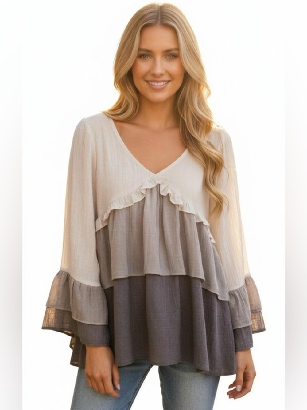 Entro Cream and Gray Long Sleeve Ruffled Blouse